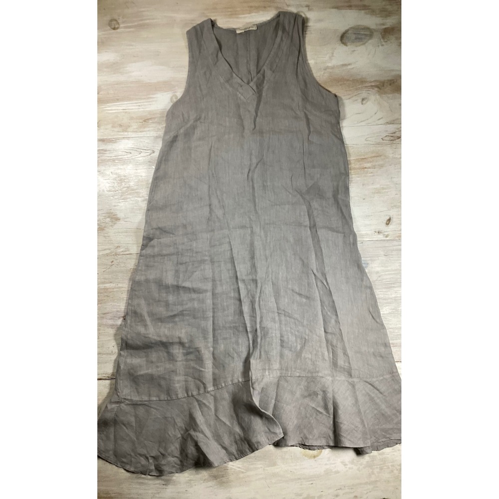 Francesca Bettini Italy 100% Linen Sleeveless V-Neck Ruffle Hem sm  Dress Gray